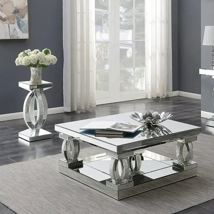 Unique crystal design coffee side mirrored center table for home decor by MC THE BLACK DIAMOND, featuring a reflective surface and elegant style.
