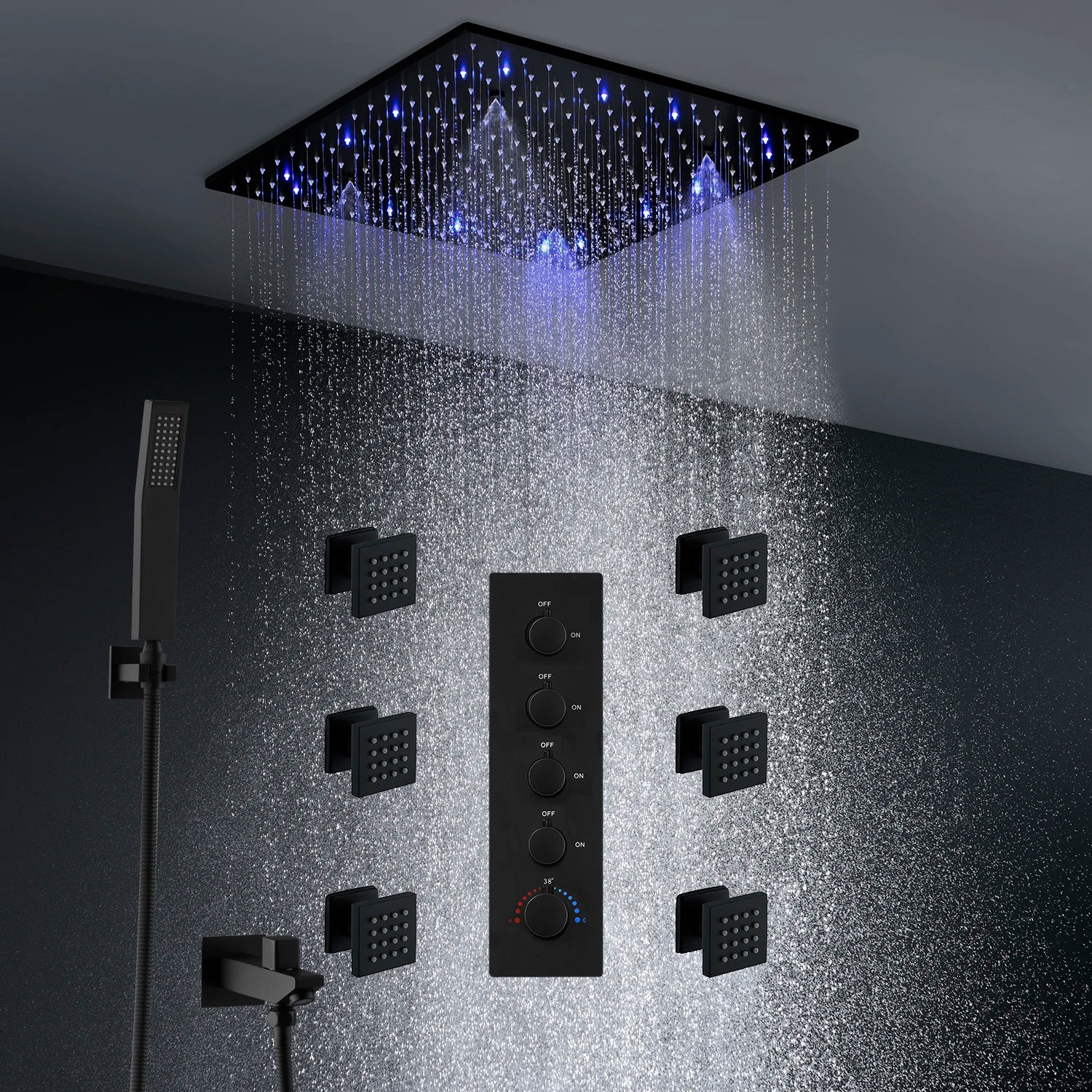 MC THE BLACK DIAMOND LED shower head set with side massage jets and constant temperature valve mixer, modern bathroom fixture