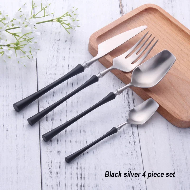 Mirror matte stainless steel black gold silver dinnerware set with reflective finishes and elegant design.