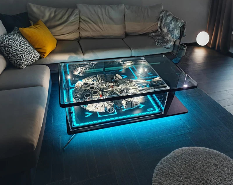 Modern acrylic display box for living room coffee tables, ideal for showcasing building block models with dust cover from MC THE BLACK DIAMOND.