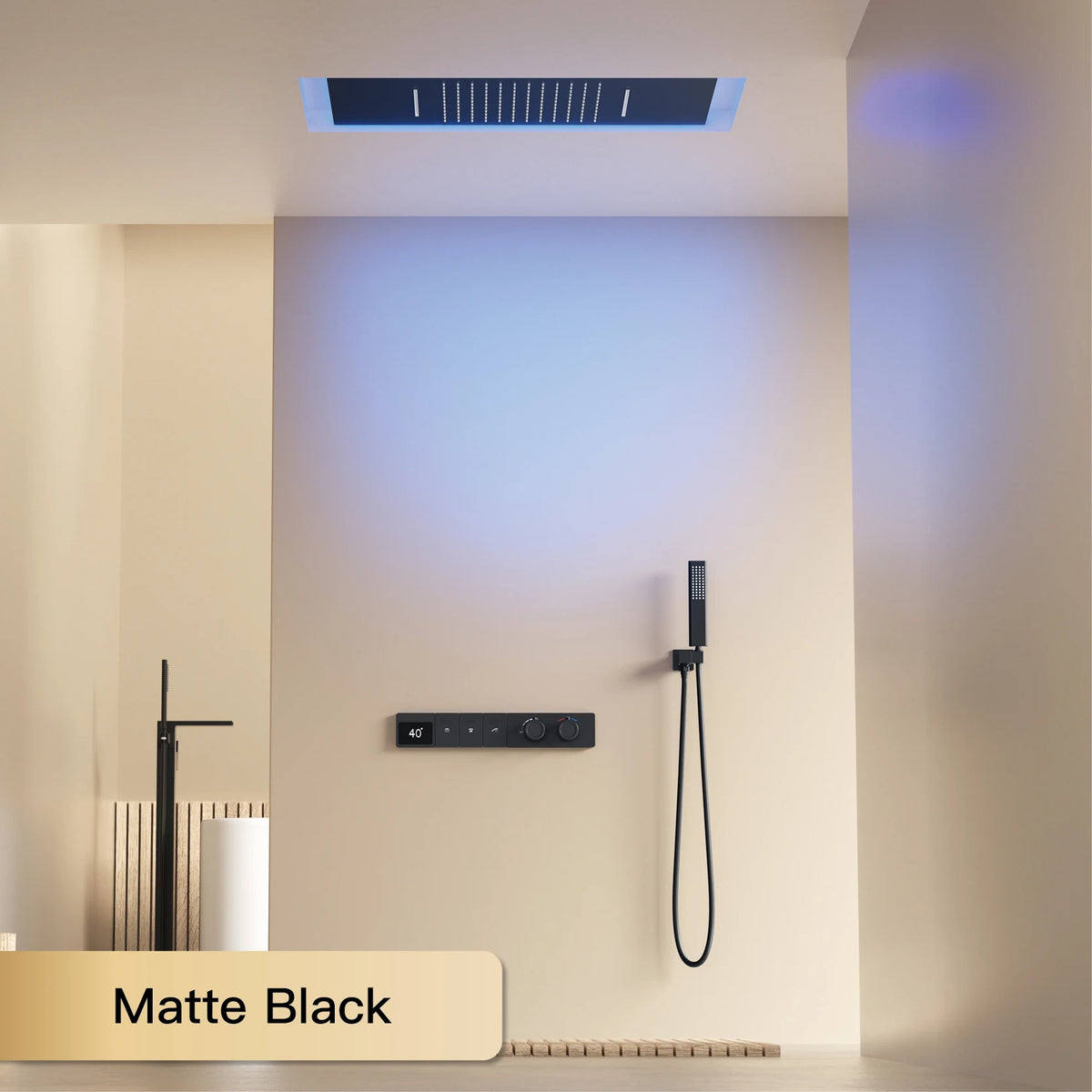 Wall-mounted MC THE BLACK DIAMOND shower system with hidden design, dual control hot and cold water faucet.