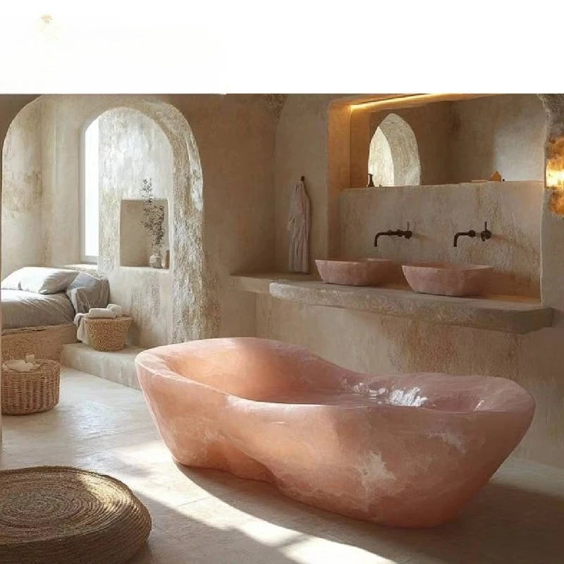 Irregular pink agate freestanding bathtub by MC THE BLACK DIAMOND, ideal for custom apartments and villas, showcasing unique natural stone design.