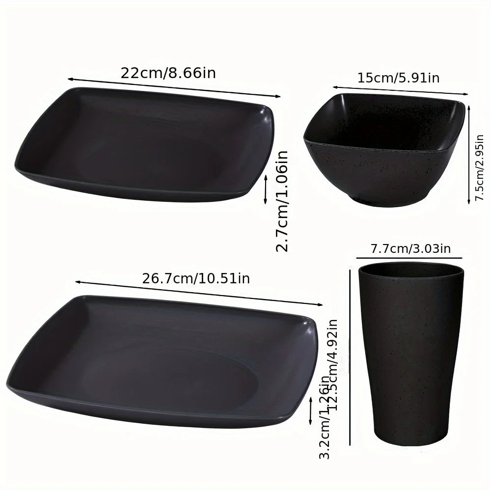 Set of 16/32 plastic square dinnerware pieces from MC The Black Diamonds, dishwasher-safe kitchen tableware in the image.