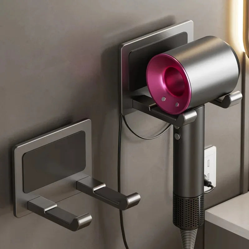 MC THE BLACK DIAMOND hair dryer hanger with suction cup rack, multi-function storage shelf, and secure wall mounting for organized styling.