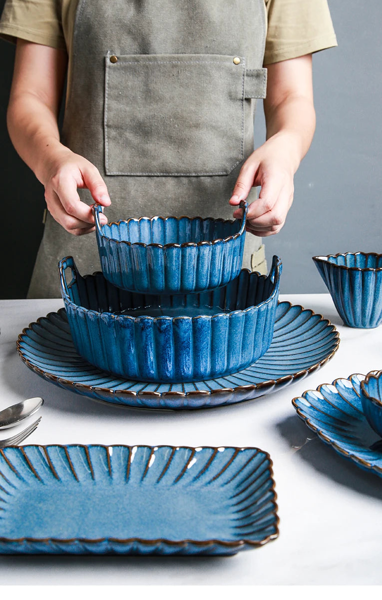 MC THE BLACK DIAMOND Western dinnerware set with kiln-variable glazed tableware, featuring plates, bowls, and cups arranged on a table.