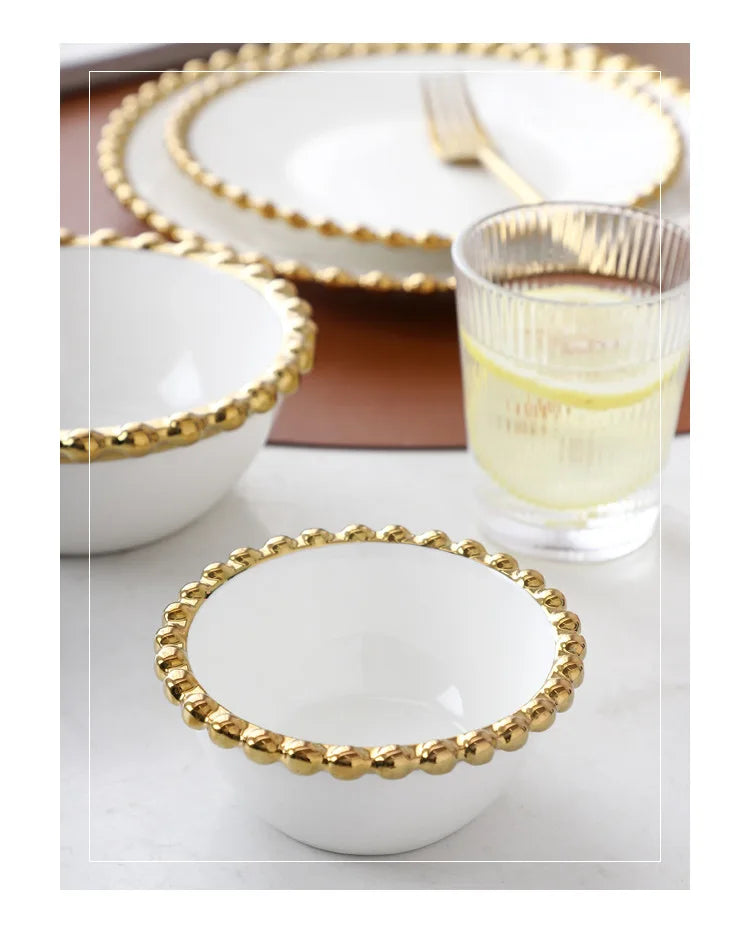 Nordic ceramic plates and bowls set with gold round dot edge for steak, salad, and dessert, stylish home dinnerware by 𝕄𝕔 𝕋𝕙𝕖 𝔹𝕝𝕒𝕔𝕜 �