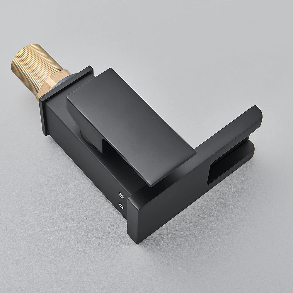 Black LED bathroom sink faucet by MC THE BLACK DIAMOND with waterfall style, brass construction, hot and cold mixer for modern baths.