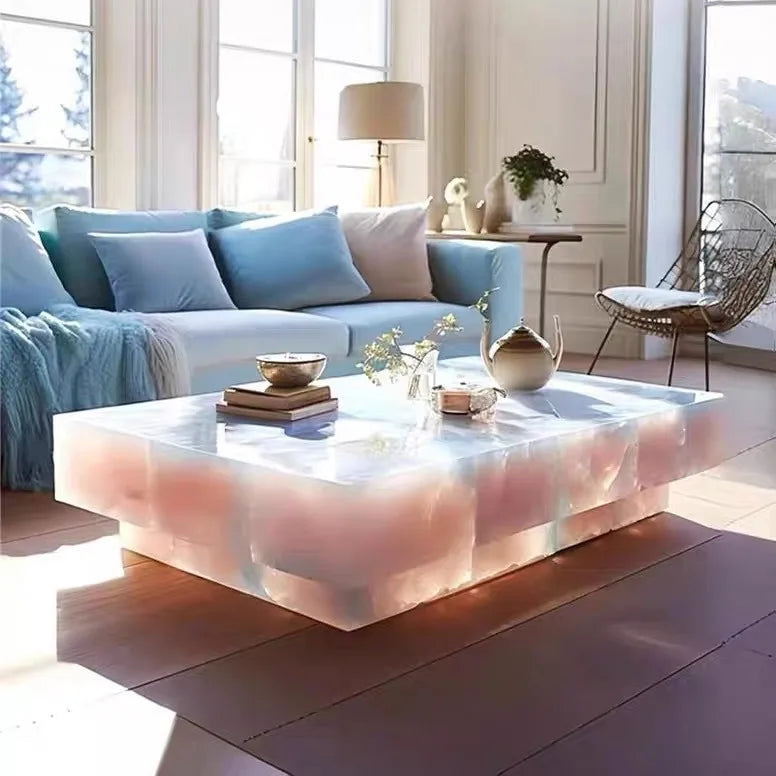 Translucent MC THE BLACK DIAMOND coffee table with backlit design, showcasing modern furniture style and sleek surface.