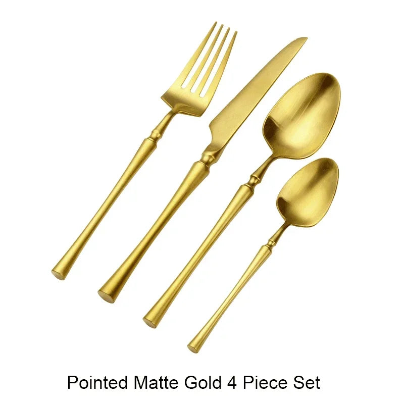 Matte stainless steel dinnerware set with black, gold, and silver finishes, featuring sleek, modern design from 𝕄𝕔 𝕋𝕙𝕖 𝔹𝕝𝕒𝕔𝕜 𝔻�