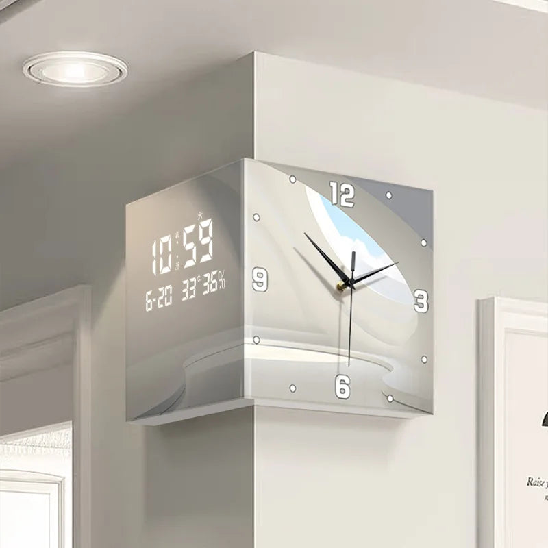 Modern double-sided living room corner clock with perpetual calendar, electronic wall clock, and sleek home decor by 𝕄𝕔 𝕋𝕙𝕖 𝔹𝕝𝕒𝕔𝕜 𝔻𝕚