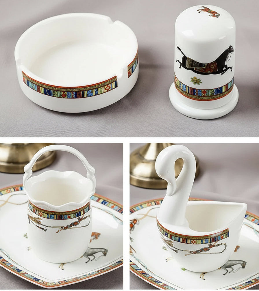 Family size ceramic dinnerware set by MC THE BLACK DIAMOND, featuring plates, bowls, and mugs arranged on a table.