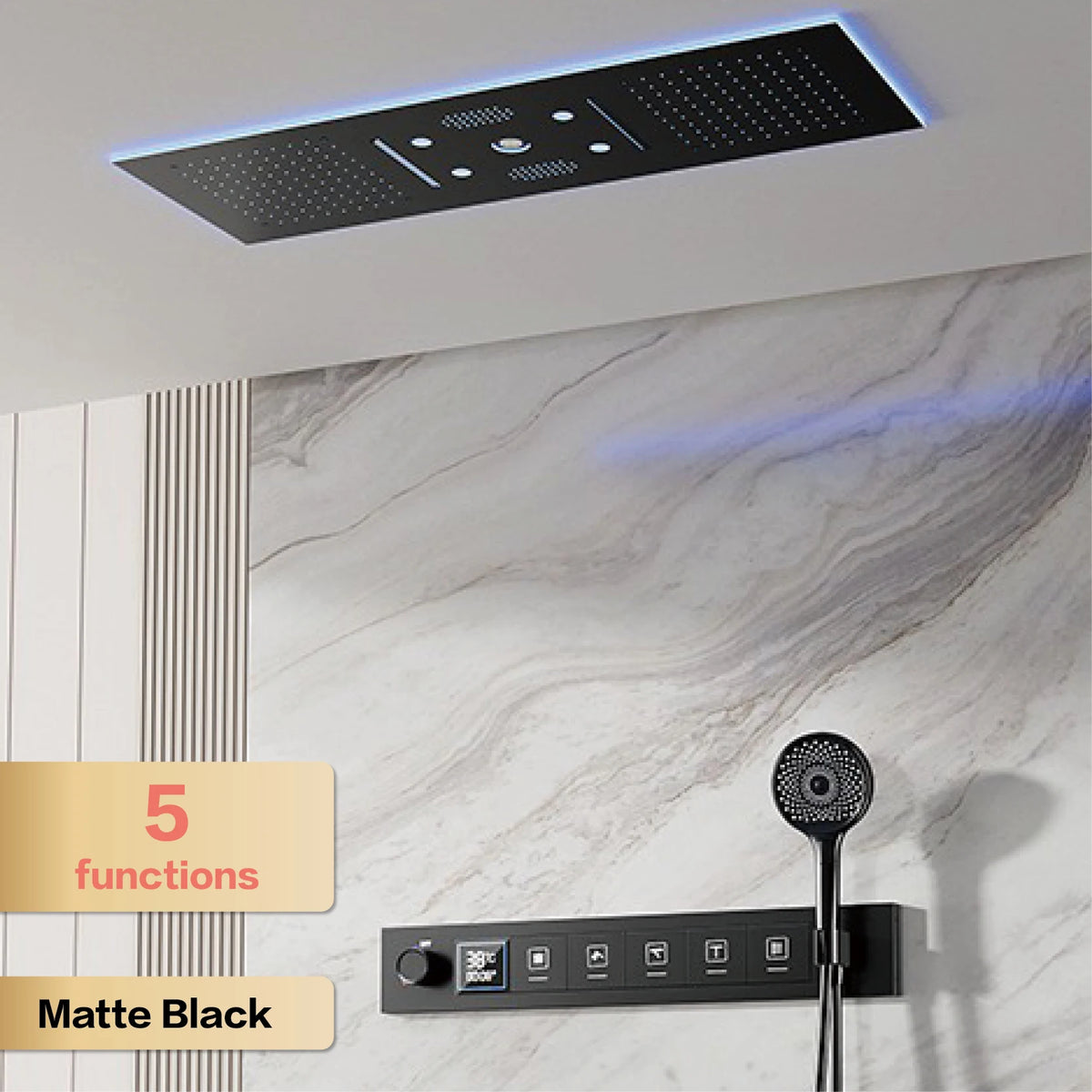 Luxury brass gunmetal LED display thermostatic shower for bathtub and shower from MC THE BLACK DIAMOND with modern faucet design.
