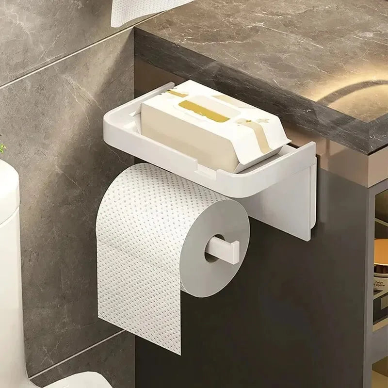 Plastic toilet paper holder by MC THE BLACK DIAMOND, wall-mounted bathroom storage for toilet paper rolls.
