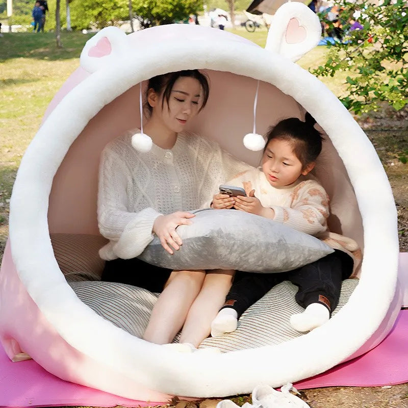 Cute oversized MC THE BLACK DIAMOND plush tent cozy house for adults and children, perfect for home decor and playful relaxation.