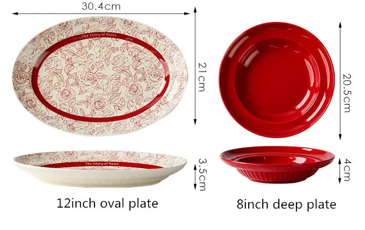 Red retro ceramic dinnerware set by MC THE BLACK DIAMOND featuring luxurious porcelain plates and bowls with a vintage design.