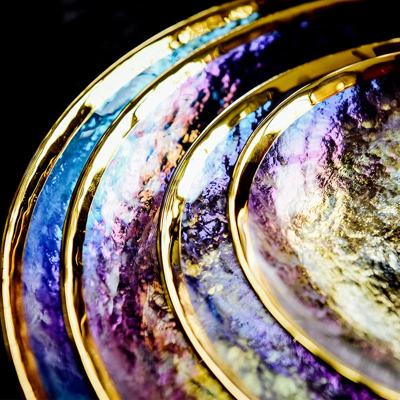Thick rainbow glass dinner plate by MC THE BLACK DIAMOND, colorful and sturdy steak plate for elegant table setting.