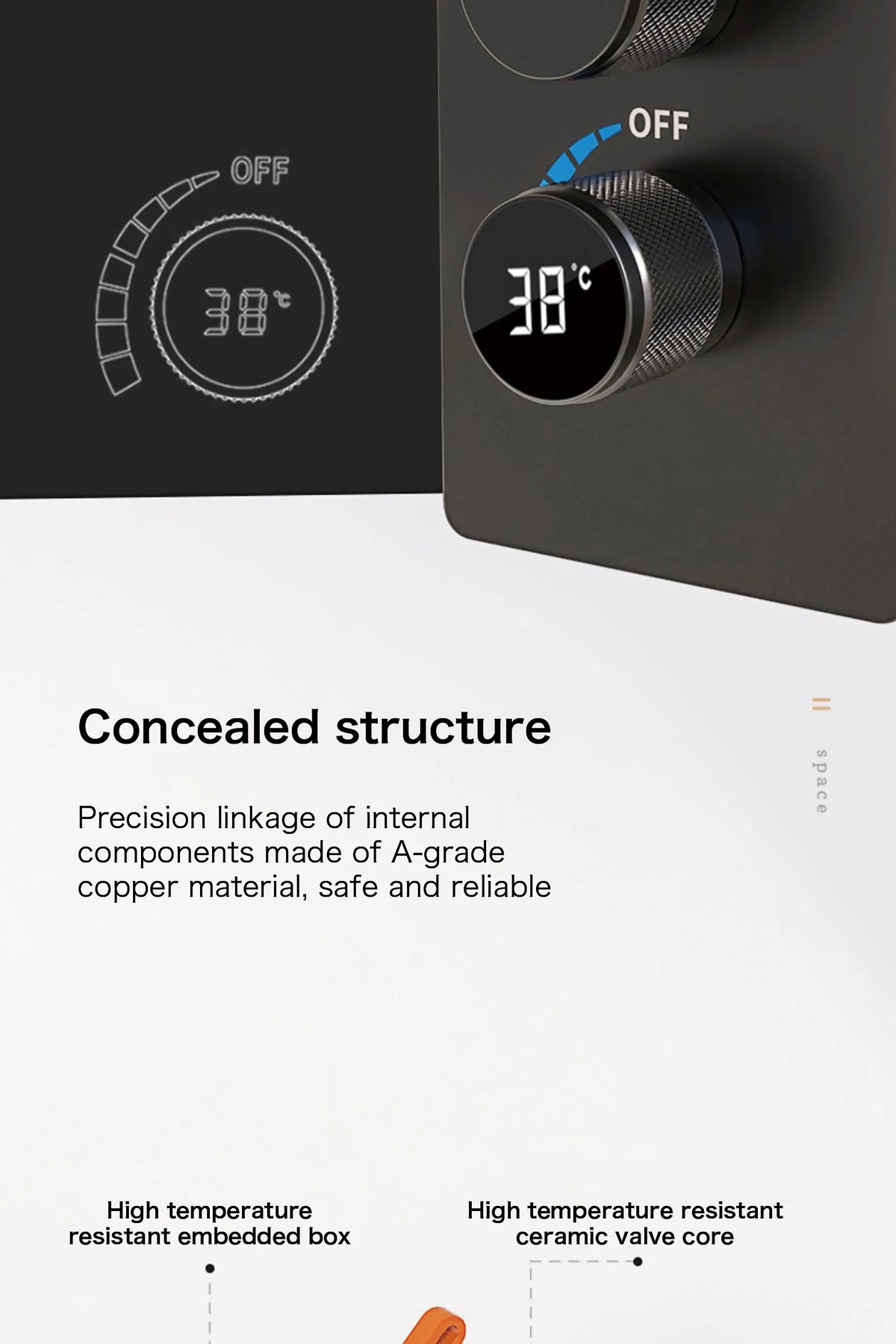 MC THE BLACK DIAMOND LED digital display shower system showing hot and cold water controls in a modern bathroom setup