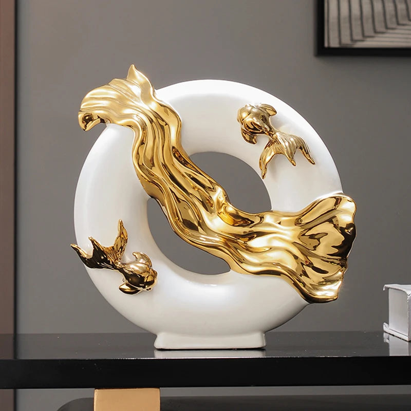 Chinese Koi lucky ceramic figurine by MC THE BLACK DIAMOND, modern art decor for living room, study, or office.