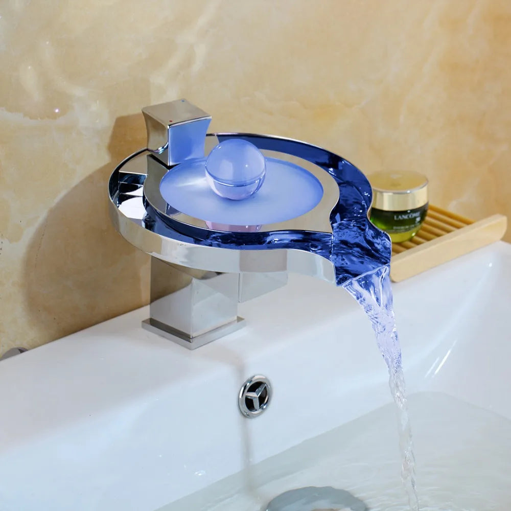 Brass waterfall bathroom sink faucet by MC THE BLACK DIAMOND with a sleek vessel sink mixer tap design.