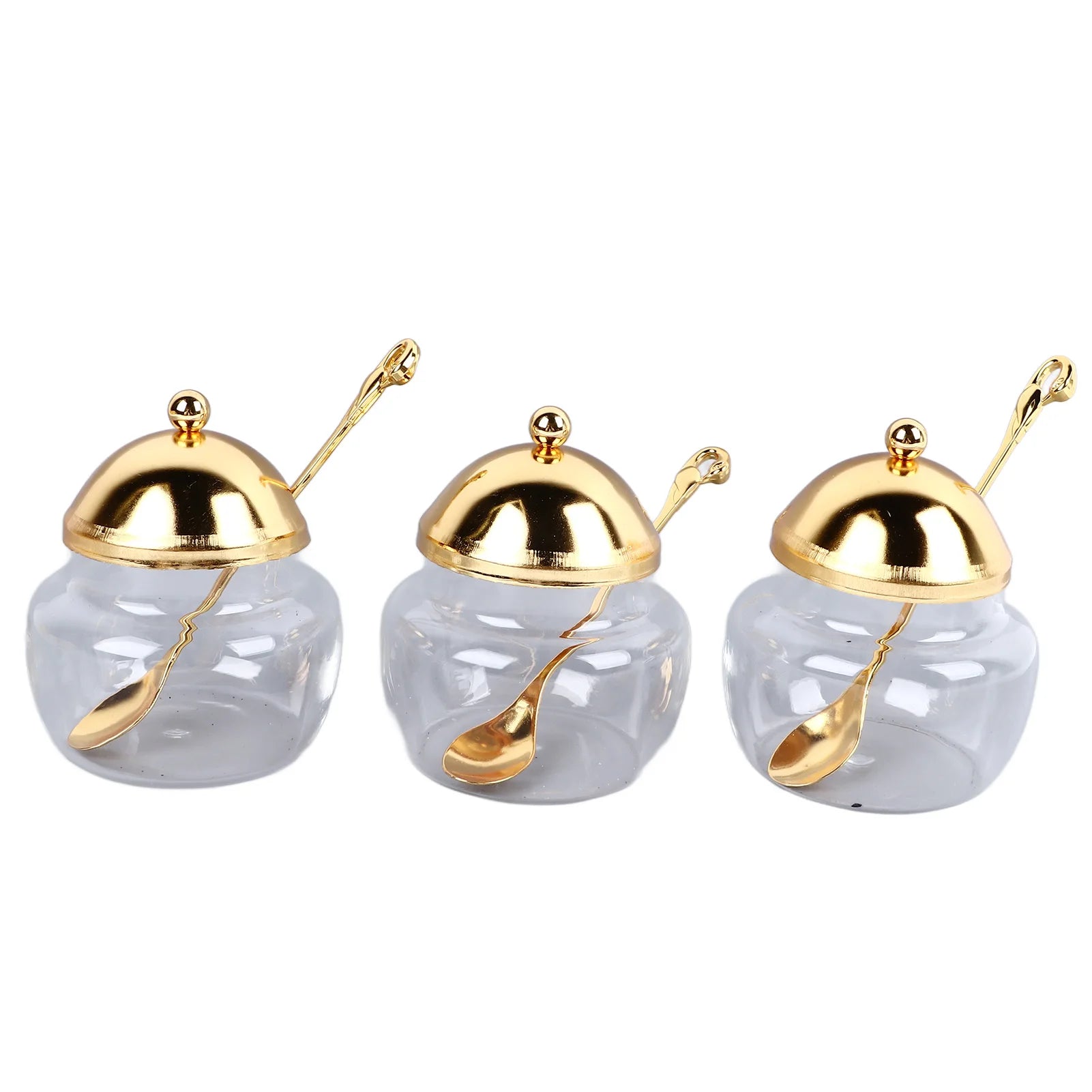Golden glass sugar bowl from MC THE BLACK DIAMOND, elegant condiment pot for home use, with a clear glass design and lid.
