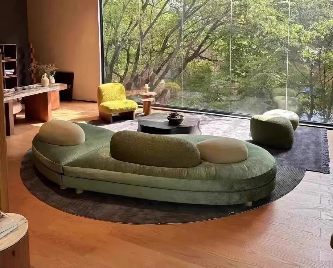 Large green fabric sectional sofa by MC THE BLACK DIAMOND, featuring flat layered and special-shaped design for modern living rooms.