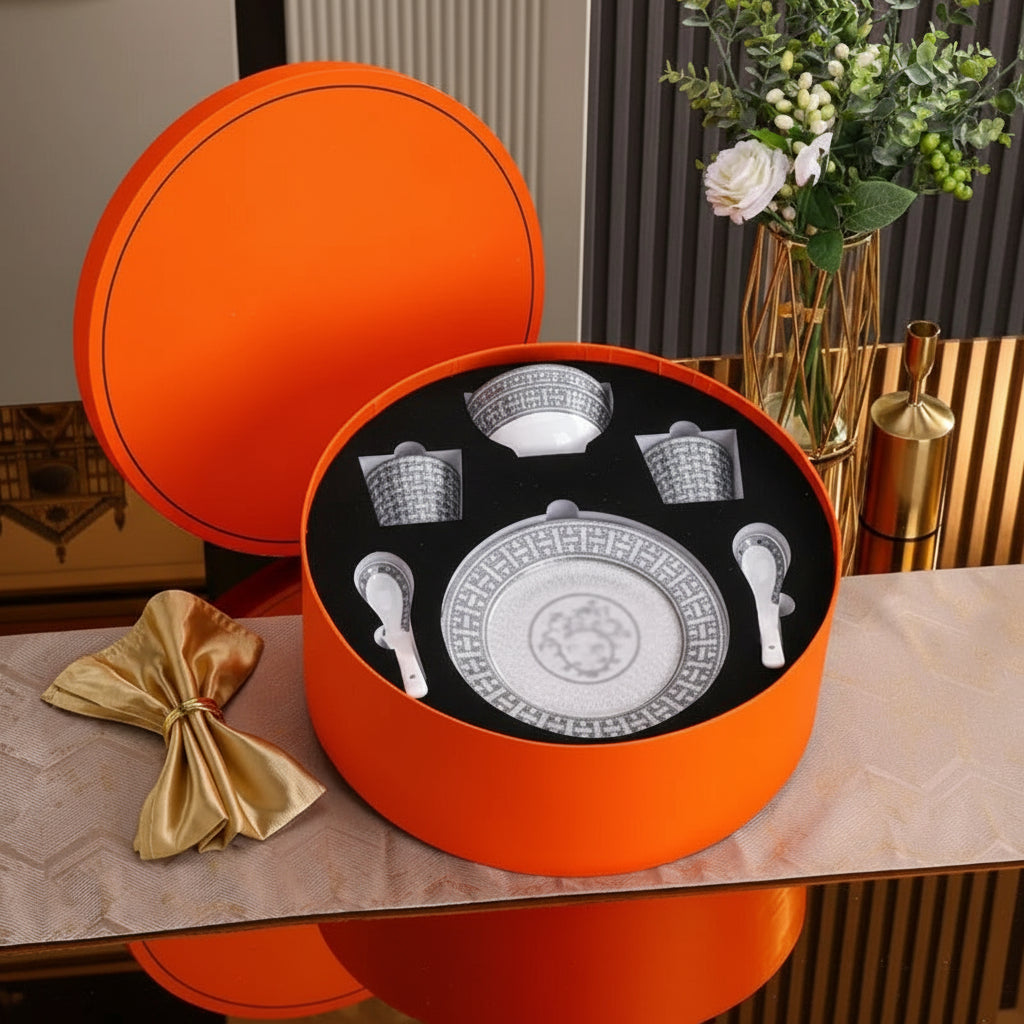 Luxury gray art tableware set by MC THE BLACK DIAMOND featuring a bowl, plate, and spoon for elegant dining.