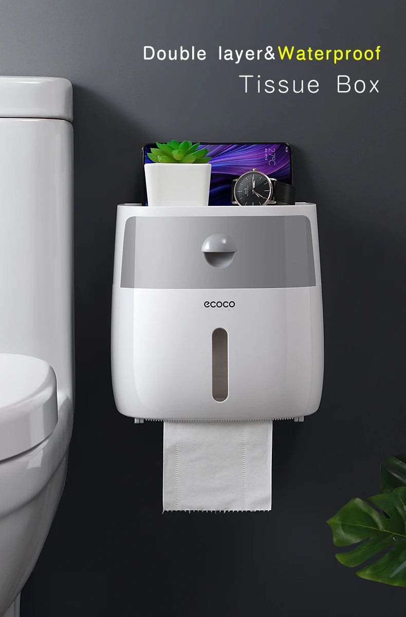 Plastic portable toilet paper holder with waterproof double-layer dispenser, ideal for bathroom storage and accessories.