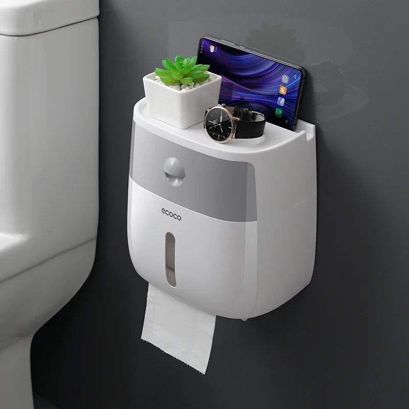 Plastic portable toilet paper holder with waterproof double layer design, suitable for bathroom storage and accessories.