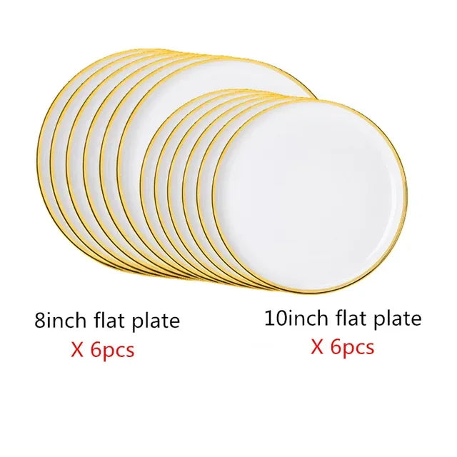 Set of bright white and pink porcelain plates with gold accents from MC THE BLACK DIAMOND for stylish kitchen dining.