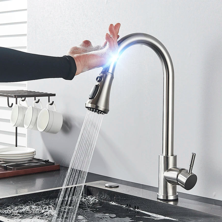 Touch-control kitchen faucet by MC THE BLACK DIAMOND with sleek modern design and chrome finish, featuring a pull-down spray head.