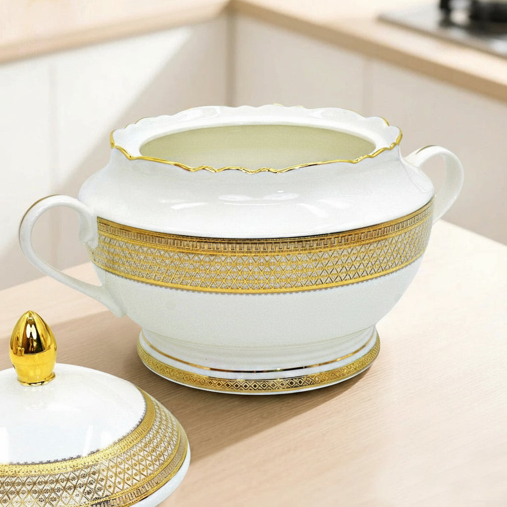 Royal dinnerware porcelain dinner set by MC THE BLACK DIAMOND, featuring plates and bowls arranged on a dining table.