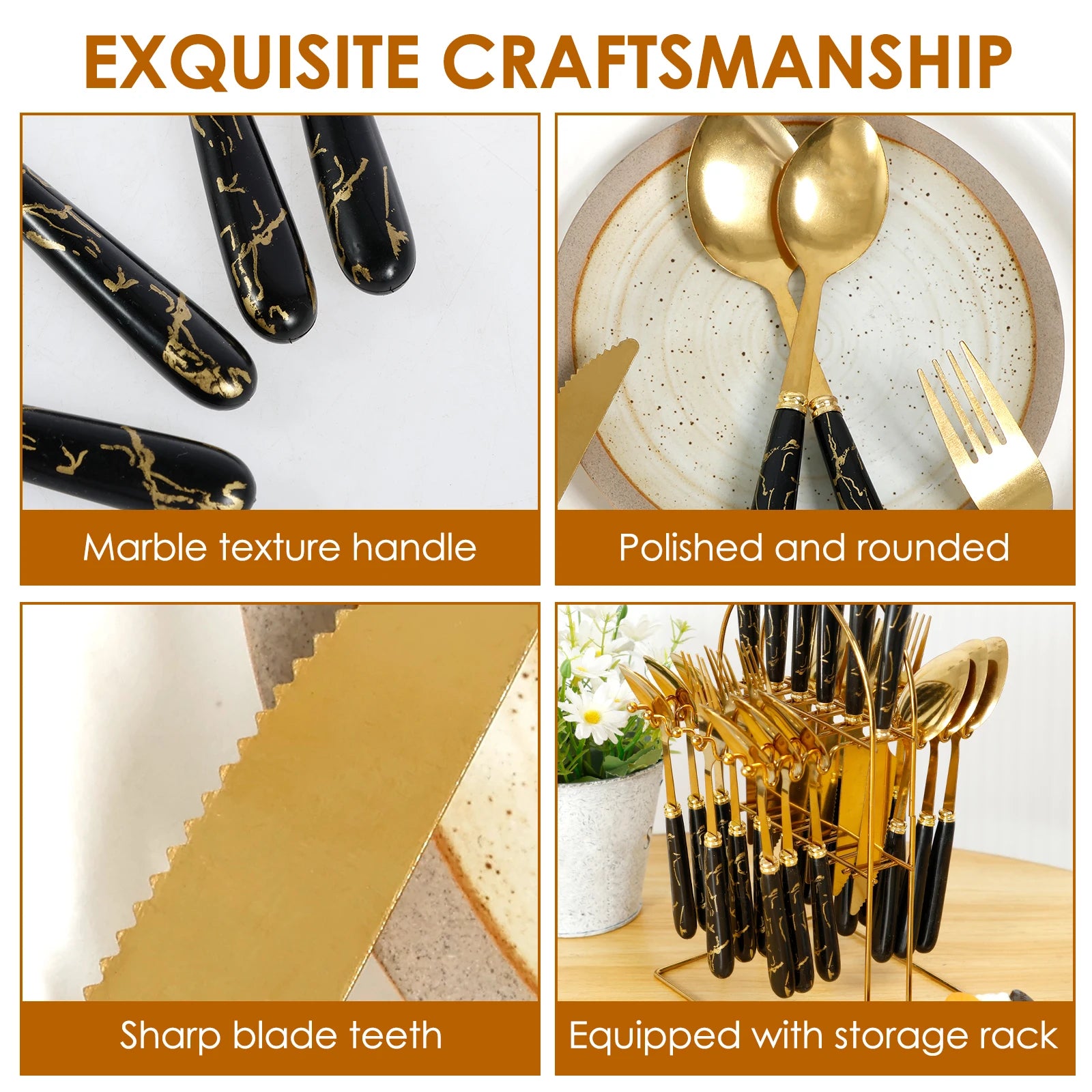 Stainless steel flatware set with holder from MC THE BLACK DIAMOND, includes forks, knives, and spoons arranged neatly.