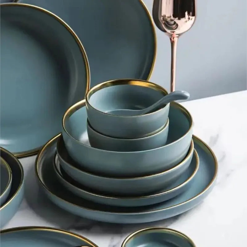 Matte ceramic dinnerware set with cereal bowls, dessert plates, and steak plates from 𝕄𝕔 𝕋𝕙𝕖 𝔹𝕝𝕒𝕔𝕜 𝔻𝕚𝕒