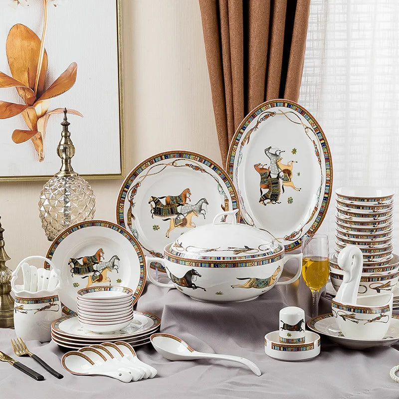 Family size ceramic dinnerware set by MC THE BLACK DIAMOND, includes plates, bowls, and mugs arranged on a table.