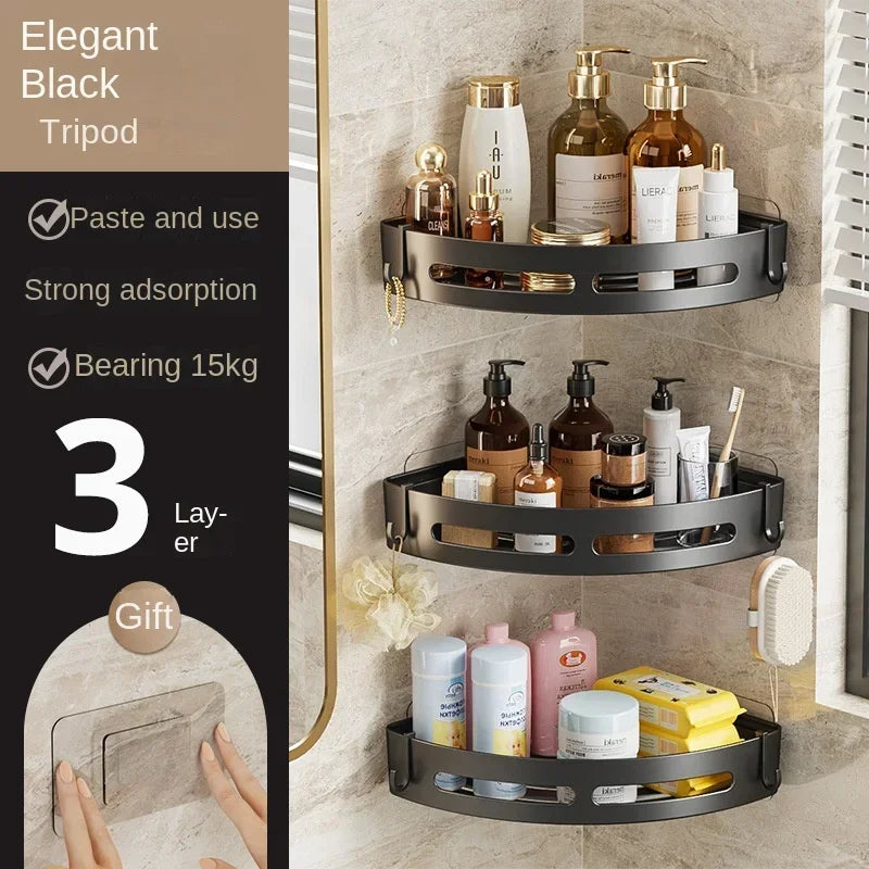 MC The Black Diamonds no-drill shower caddy and bathroom organizer with multiple shelves for toiletries and bath essentials.
