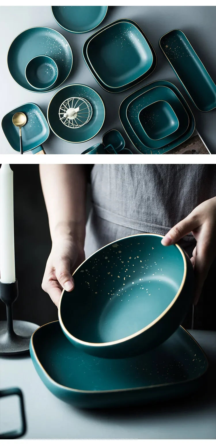 Dark green ceramic Western dinnerware set with plates and bowls from MC THE BLACK DIAMOND, Nordic style for elegant dining.
