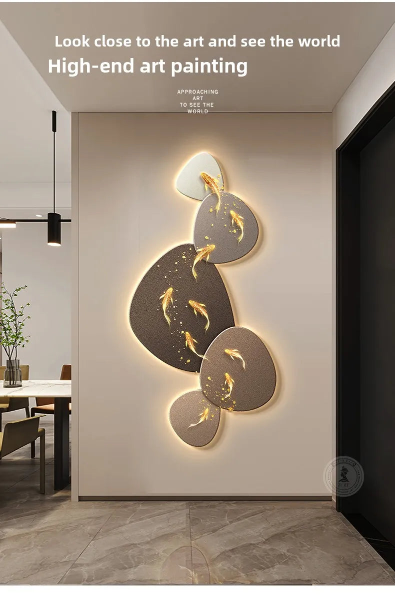 Luxury nine fish map mural painting by MC THE BLACK DIAMOND, wall decor featuring luminous, high-end corridor art poster.