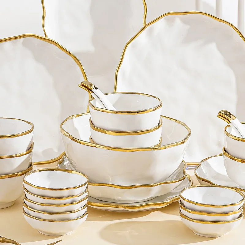 Set of Light Luxury MC THE BLACK DIAMOND ceramic dinnerware with elegant plates and bowls for household use.