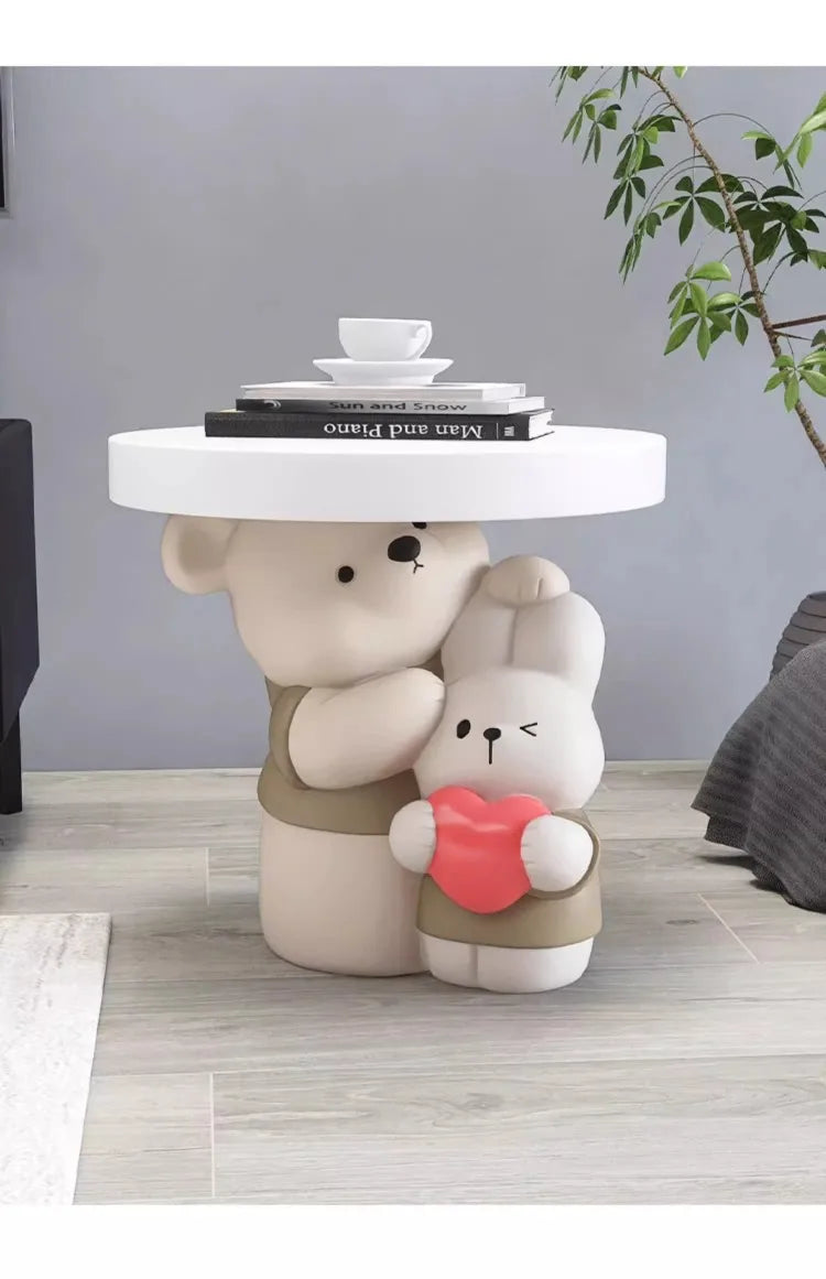 Cream-colored MC THE BLACK DIAMOND parent-child bear statue coffee table for home decor, featuring a charming bear design with smooth finish.