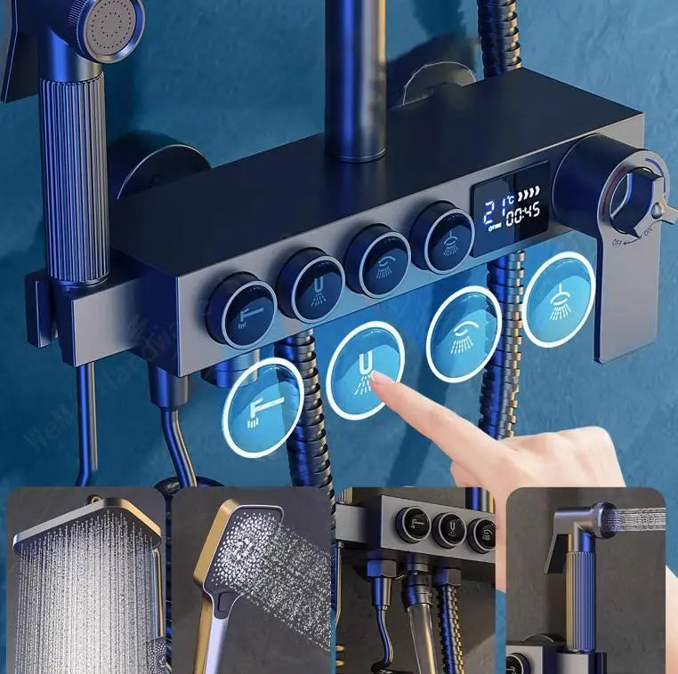 Modern MC THE BLACK DIAMOND multi-function shower system with rainfall and handheld showerheads, sleek chrome finish.