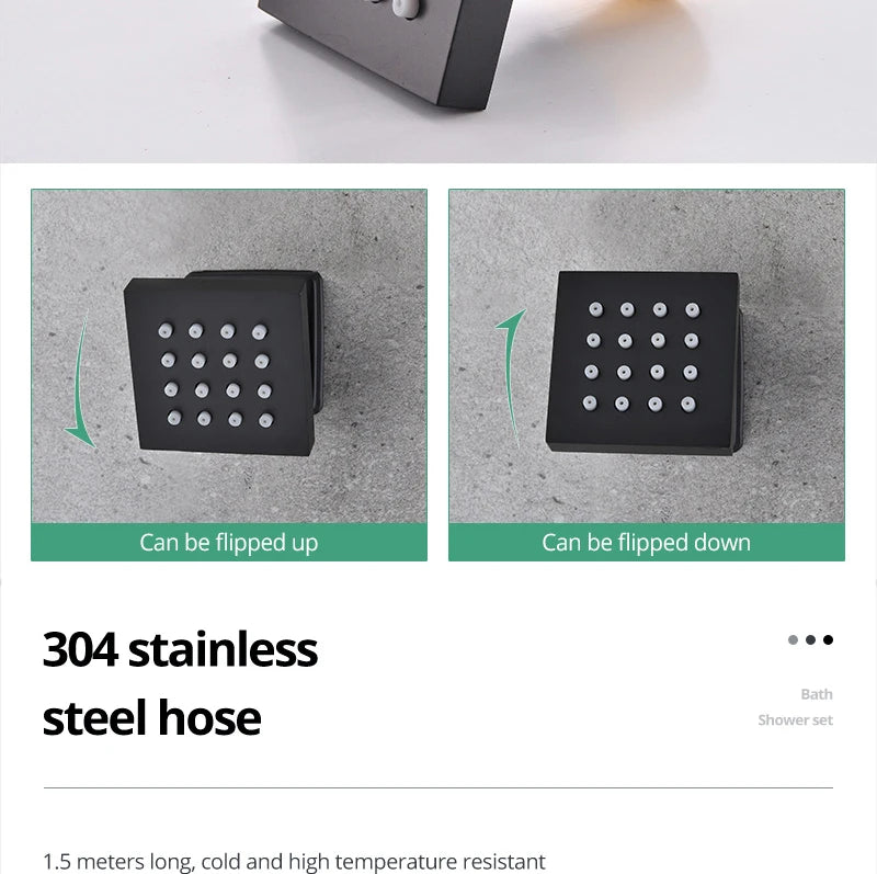 MC THE BLACK DIAMOND LED shower head set with side massage jets and constant temperature valve mixer, modern shower system.