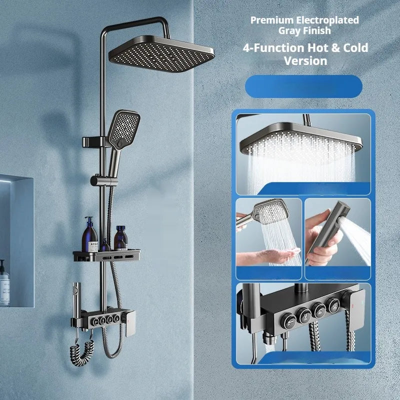 Modern MC THE BLACK DIAMOND multi-function shower system with overhead and handheld showerheads, sleek silver finish.