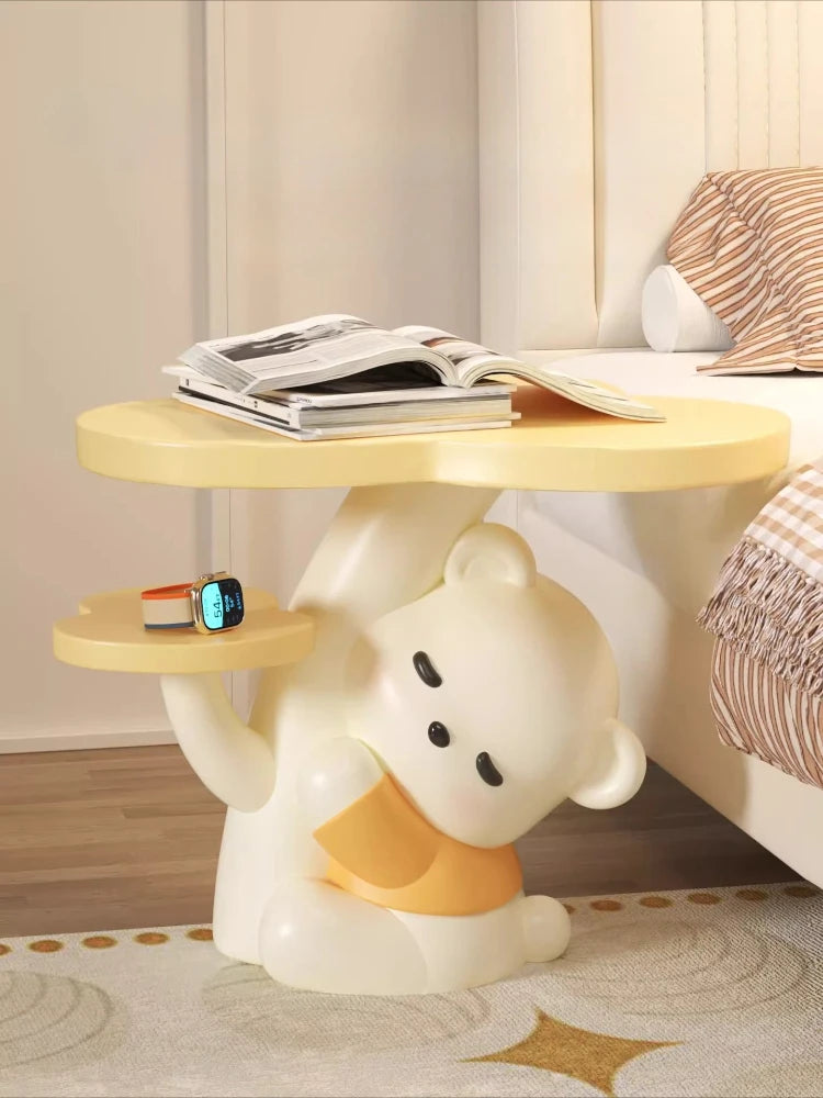 Cartoon bear statue end table in natural wood finish, designed as a living room coffee table by MC THE BLACK DIAMOND.