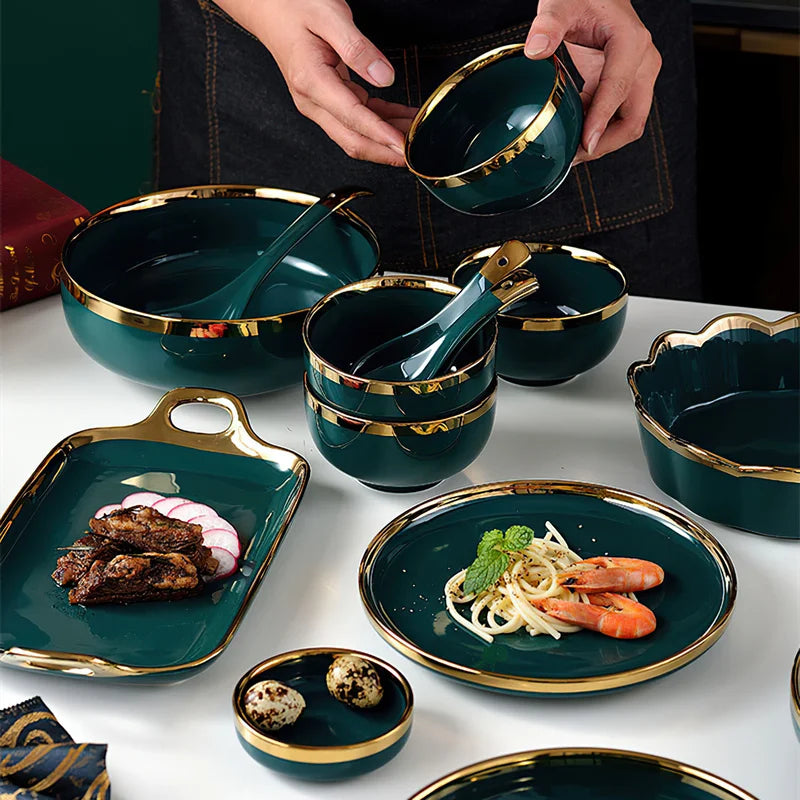 Luxury MC THE BLACK DIAMOND family dinnerware set with elegant plates and bowls arranged on a dining table.