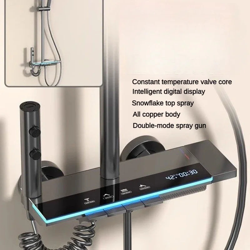 Wall-mounted MC THE BLACK DIAMOND shower system with rainfall showerhead and pressurized bath faucet in a modern bathroom setting.