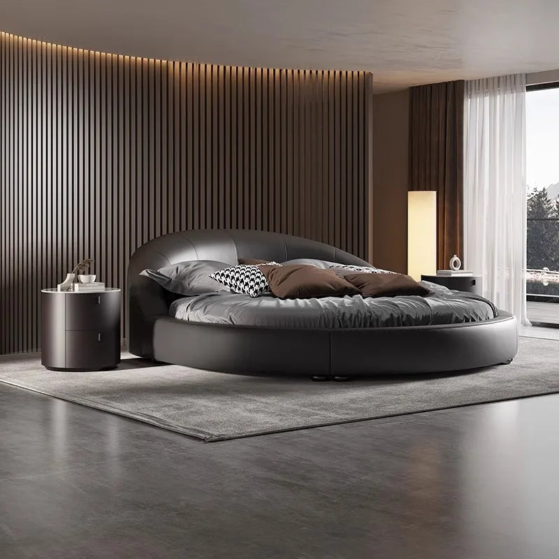 Luxury unique bed by MC THE BLACK DIAMOND featuring a modern design with plush upholstery and sleek wooden legs.
