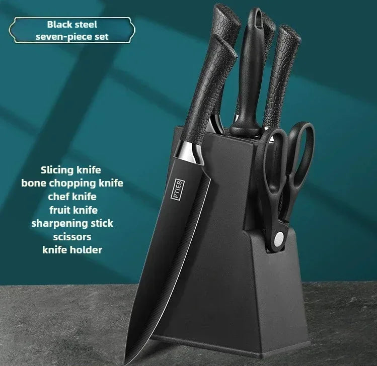 Portable MC THE BLACK DIAMOND kitchen meat cutting knife set with wear-resistant blades on a wooden surface.