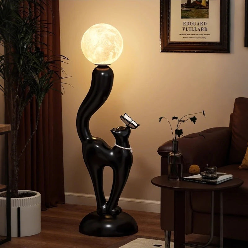 Creative MC THE BLACK DIAMOND cat statue figurine for floor decor, detailed feline sculpture in a decorative figurine.