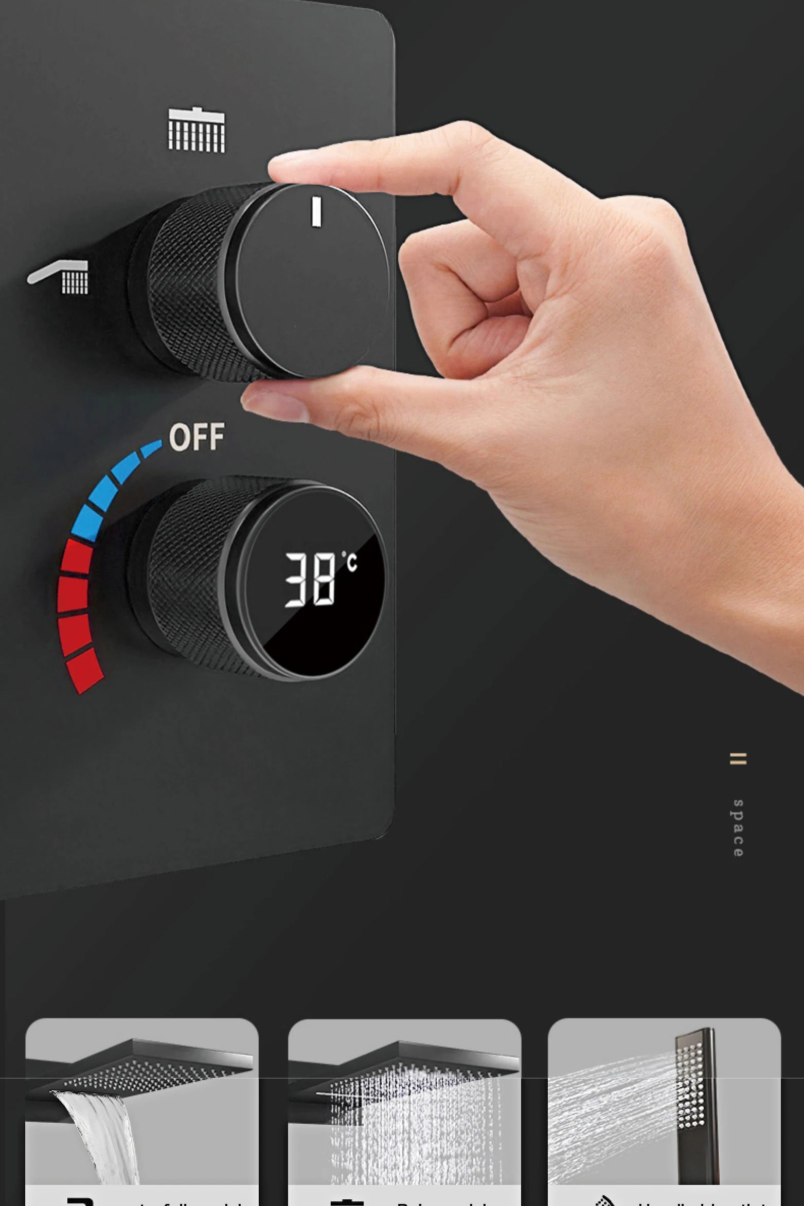 LED digital display shower system by MC THE BLACK DIAMOND with dual control for hot and cold water in a modern bathroom setting.