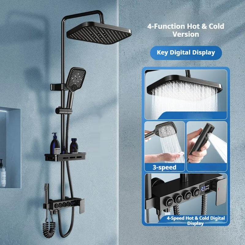 Modern MC THE BLACK DIAMOND multi-function shower system with handheld showerhead and overhead rain shower in sleek design.